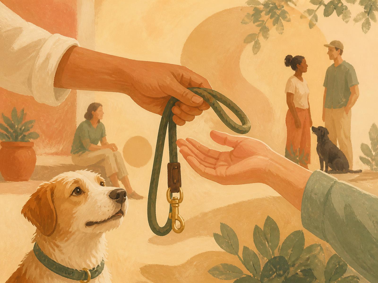 One person gently handing a dog's leash to another, with neighbors and dogs nearby